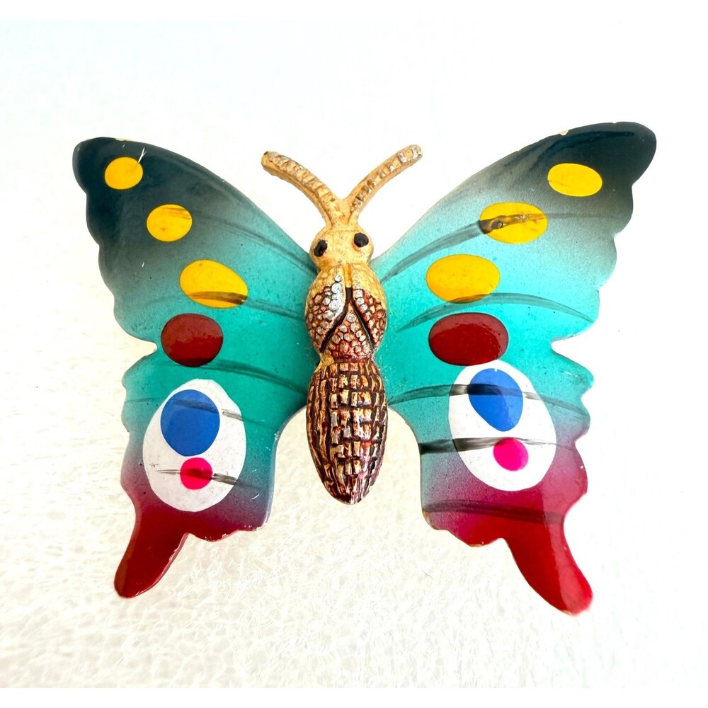 Vintage 1970s Enamel Butterfly Brooch Pin Stamped Korea Blue Red Yellow Spots D